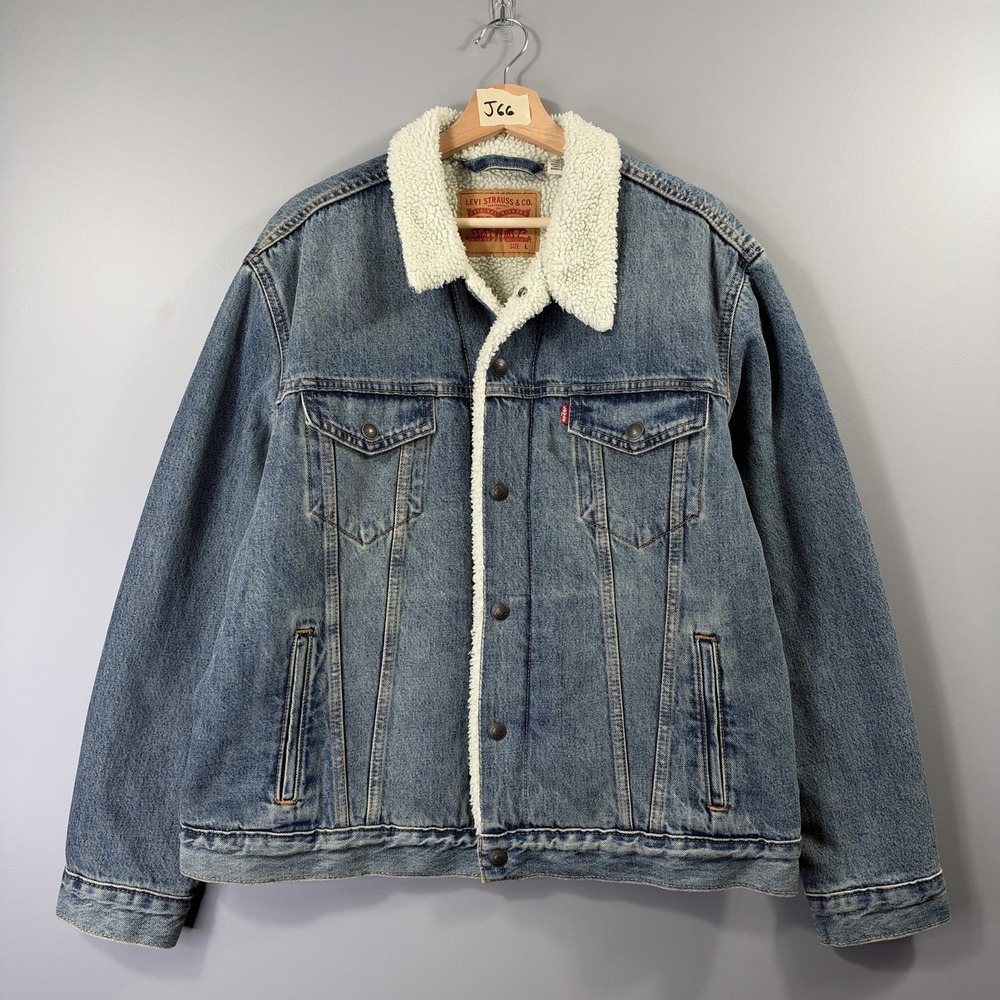 Levis Jacket Mens Large Blue Denim Sherpa Lined Trucker Button Front Winter